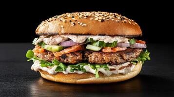 A close up of a burger with a lot of toppings photo