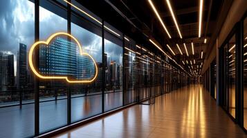 A cloud computing sign is displayed in a hallway photo