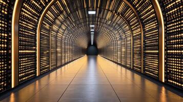 A long tunnel with many rows of computer screens photo