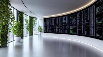 A long hallway with a large screen on the wall photo