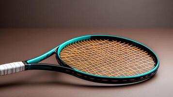 A tennis racket with a brown background photo