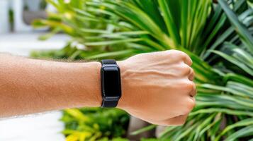A person wearing a black smart watch photo