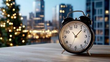A clock on a table in front of a cityscape photo