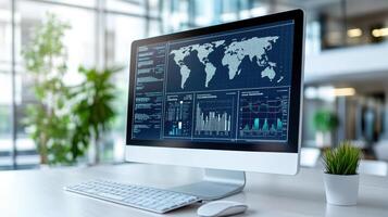A desktop computer with a world map on the screen photo