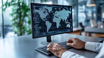 A man using a computer with a world map on the screen photo
