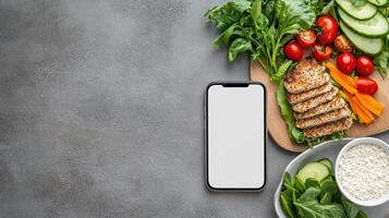Healthy food with smartphone and blank screen on gray background photo