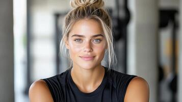A woman with a messy bun in her hair is posing for the camera photo