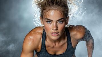 A woman in a sports bra and tank top running photo
