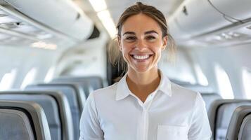 A woman in a white shirt standing in an airplane photo