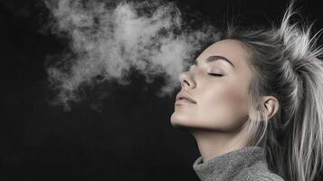 A woman is blowing smoke into the air photo