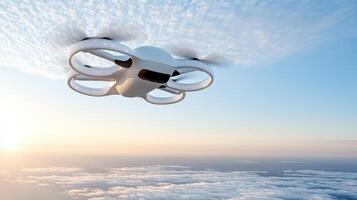A white drone flying in the sky photo