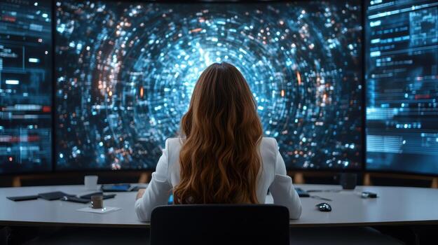 A woman sitting at a desk looking at a computer screen photo