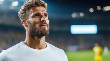 A man with a beard and a white shirt standing on a soccer field photo