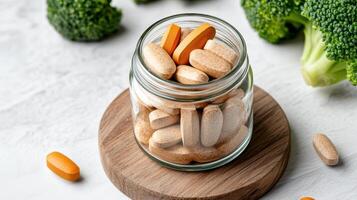 A jar filled with vitamin pills and broccoli photo