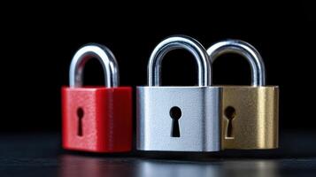 Three different colored padlocks on a black surface photo