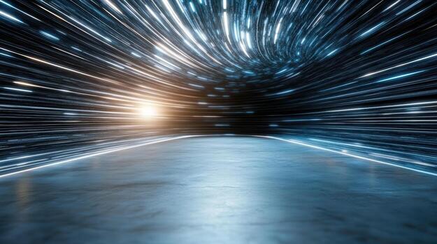 A tunnel with light trails and a bright light photo