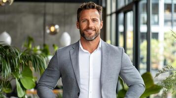 A man in a suit standing in front of a plant photo