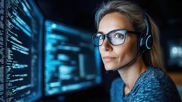 A woman wearing glasses and a headset in front of two computer monitors photo