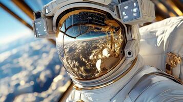 An astronaut in space suit with a gold helmet photo