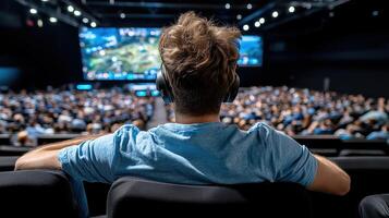 A man sitting in front of a large crowd watching a game photo