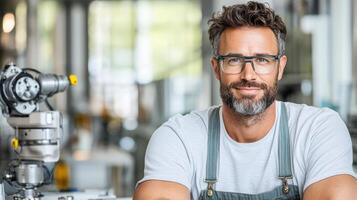 A man with glasses and beard sitting at a table photo