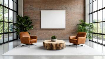 A large room with two chairs and a blank white poster photo