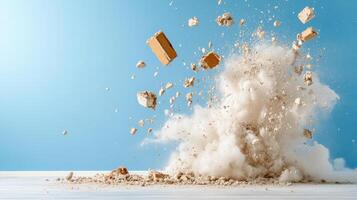 An explosion of bricks and dust on a blue background photo