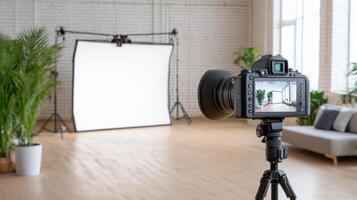 A photo studio with a tripod and a camera