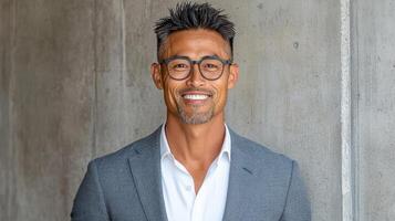 A man wearing glasses and a suit standing in front of a wall photo