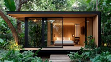 A bedroom in the jungle with a walkway leading to it photo