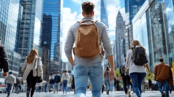 A man with a backpack walking through a city photo