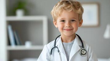 A young boy in a doctor's coat photo