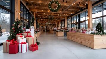 A large store with christmas trees and presents photo