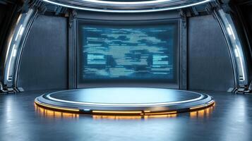 A futuristic looking room with a large screen photo