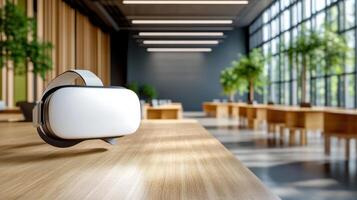 Virtual reality headset on a table in a modern office photo