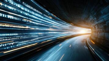 A tunnel with light trails and data photo