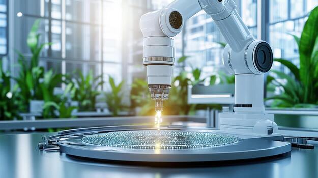 A robotic arm is working on a machine photo