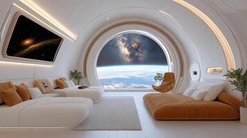 A living room with a view of the earth photo