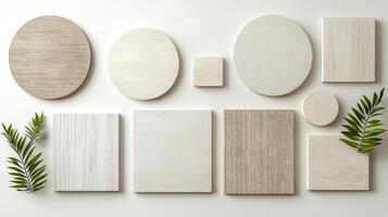 Various wooden panels and leaves on a white surface photo