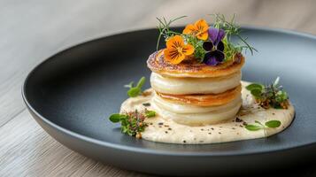 A plate with a stack of pancakes on top of it photo