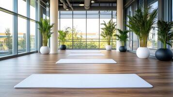 Yoga mats in a large room with windows photo