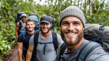 A group of men hiking in the woods photo