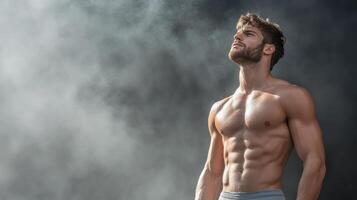 A shirtless man standing in front of a smoke cloud photo