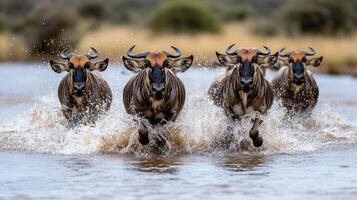 Wildebeest running in the water photo