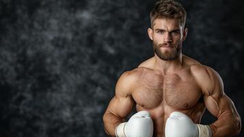 A man with a beard and no shirt is wearing boxing gloves photo