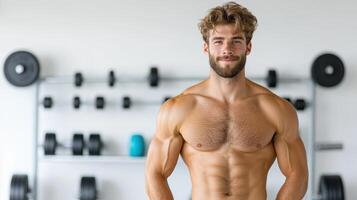 A man with a shirtless body standing in front of a gym photo