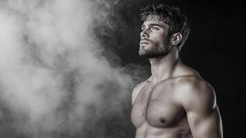 A shirtless man standing in front of smoke photo