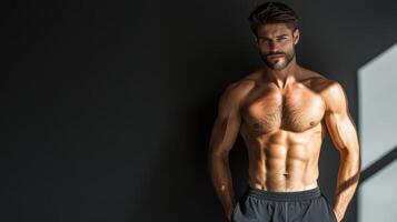 A shirtless man standing in front of a black wall photo