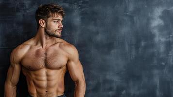 A man with a shirtless body standing against a black wall photo