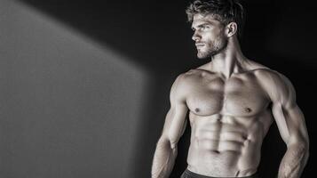 A man with no shirt on standing in front of a black wall photo